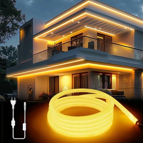 KSIBNW LED Strip Streifen Warmweiß 230V, 5M Neon LED Strip Innen IP65 Wasserdichte 320° Glühen LED Band Aussenbereich Mit Netzteil Lichterkette Lichtband DIY Flexible für Zimmer Deko, Küche, Party von KSIBNW