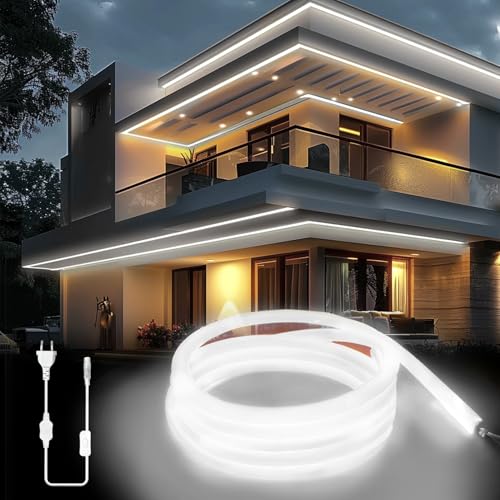 KSIBNW LED Strip Streifen Weiß 230V, 2M Neon LED Strip Innen IP65 Wasserdichte 320° Glühen LED Band Aussenbereich Mit Netzteil Lichterkette Lichtband DIY Flexible für Zimmer Deko, Küche, Party von KSIBNW