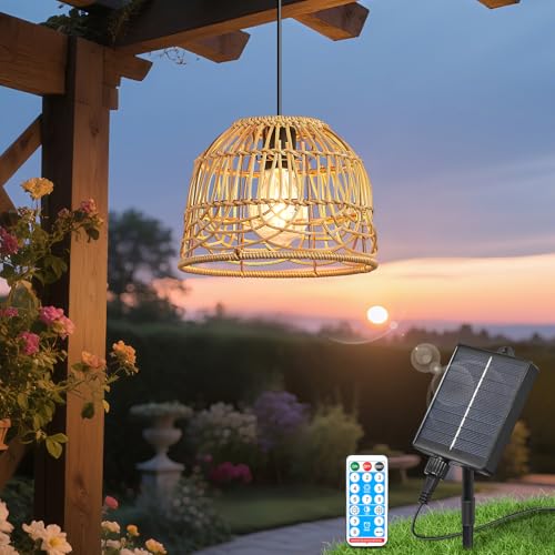 KSIBNW Solarlampen für Außen Garten, Outdoor Rattan Solar Hängelampe mit Fernbedienung Wasserdichte IP65 Pendelleuchte Solarbetriebene Lampe mit Solarpanel und 5M Kabel für Balkon Terrassen Patio von KSIBNW