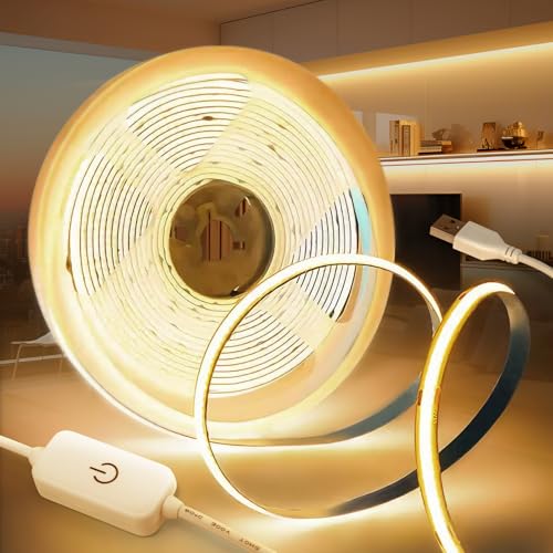 KSIBNW USB COB LED Streifen 5M Dimmbar LED Strip Light, 5V Selbstklebend LED Light band Warmweiß 3000K Lichtband CRI90+ Flexibel TV Beleuchtung Hintergrundbeleuchtung für Küche Bedroom Wohnzimmer von KSIBNW