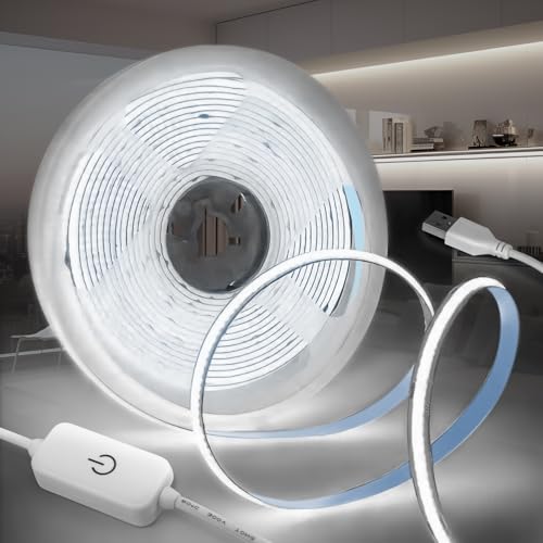 KSIBNW USB COB LED Streifen 5M Dimmbar LED Strip Light, 5V Selbstklebend LED Light band Weiß 6000K Lichtband CRI90+ Flexibel TV Beleuchtung Hintergrundbeleuchtung für Küche Bedroom Wohnzimmer von KSIBNW