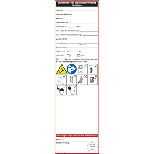 KSIGN Aufkleber Leiter-Gebrauchsanweisung Allgemein, Folie, ablösbar, 65x225mm, 2/Bogen, DIN EN 131-3 von KSIGN