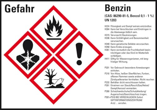 KSIGN Gefahrstoffetikett Benzin UN 1203, GefStoffV/GHS/CLP, 105x74mm, 8/Bogen KSIGN Gefahrstoffetikett Benzin UN 1203, GefStoffV/GHS/CLP, 105x74mm, 8/Bogen von KSIGN