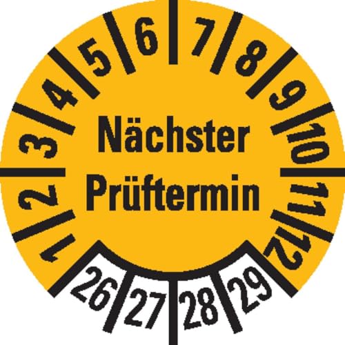 KSIGN Prüfplakette Nächster Prüftermin 26-29, gelb, Folie, ablösbar, Ø 10mm, 128/Bogen von KSIGN