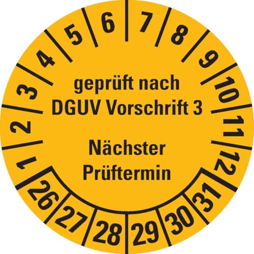 KSIGN Prüfplakette geprüft DGUV Vorschrift 3,26-31,gelb,Folie,ablösbar,Ø 25mm,105/Heft von KSIGN