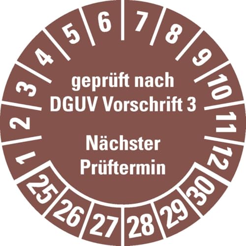 KSIGN Prüfplakette geprüft DGUV Vorschrift 3 Nächster Prüftermin 25-30,braun,Dokumentenfolie,Ø 30mm,108/Heft von KSIGN