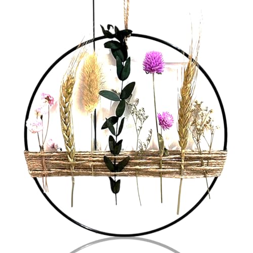 KSJEHW Trockenblumen Kranz 20cm Blumenkranz Deko,Hängende Boho Türkranz Blumenkranz Metallring mit Trockenblumen,DIY Natur Trockenblumenkranz Ring für Wohnzimmer Wand Tür Dekoration von KSJEHW
