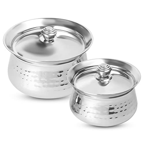 KSJONE Biryani Handi Set aus Edelstahl,Premium Stahl gehämmerte Oberfläche, Patila Handi,mit gehämmertem Design, Küche, Hotel und Restaurants (0.5 Quart & 1 Quart) von KSJONE