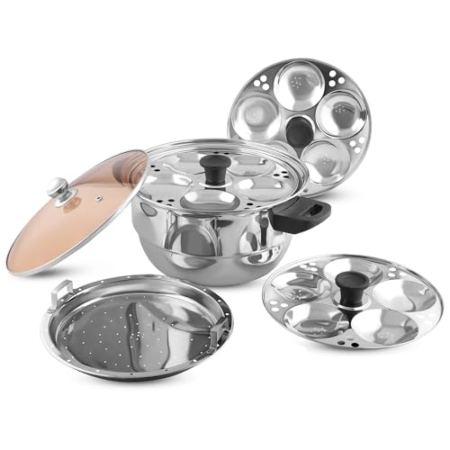KSJONE Durchsichtiger Deckel, 5 Stück, Edelstahl, induktionsfreundlich, Idli-Kocher, Multi-Kadai für indisches Kochen, mit 3 Idli-Tellern (15 Idlis), 1 Patra-Platte, Silber von KSJONE