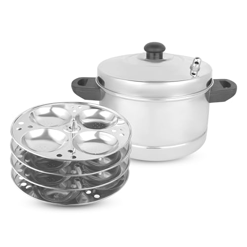 KSJONE Edelstahl Idli Kocher für indisches Kochen - Ergonomische Teller - Lebensmittelqualität Idli Platten für Herd, 4 Idli Ständer - Macht bis zu 16 Idlis von KSJONE