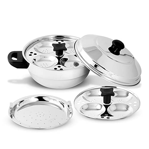 KSJONE Edelstahl Multi Kadai (Induktionsfreundlich) mit Edelstahldeckel, 2 Idli-Teller (8 Idlis), 1 Patra-Teller, Silber von KSJONE