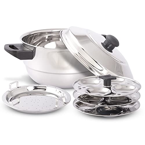 KSJONE Edelstahl Multi Kadai (Induktionsfreundlich) mit Edelstahldeckel, 3 Idli-Teller (12 Idlis), 1 Patra-Teller, silber von KSJONE