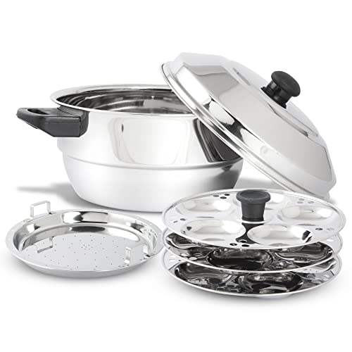 KSJONE Edelstahl Multi Kadai (Induktionsfreundlich) mit Edelstahldeckel, 3 Idli-Teller (15 Idlis), 1 Patra-Teller, silber von KSJONE