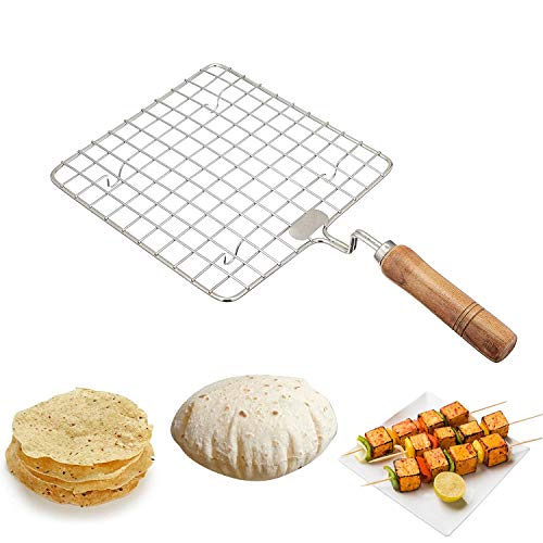 KSJONE Edelstahl-Multifunktions-Draht-Dämpfen Kühlen und Backen Grill-Rack Quadratischer Draht-Bräter/Papad Jali/Roti-Grill Quadratische Form mit Holzgriff von KSJONE