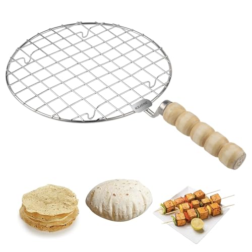 KSJONE Edelstahl-Multifunktions-Draht-Dämpfungs-Kühlen und -Backen Grillrost Runder Draht-Bräter/Papad Jali/Roti-Grill Runde Form mit Holzgriff von KSJONE