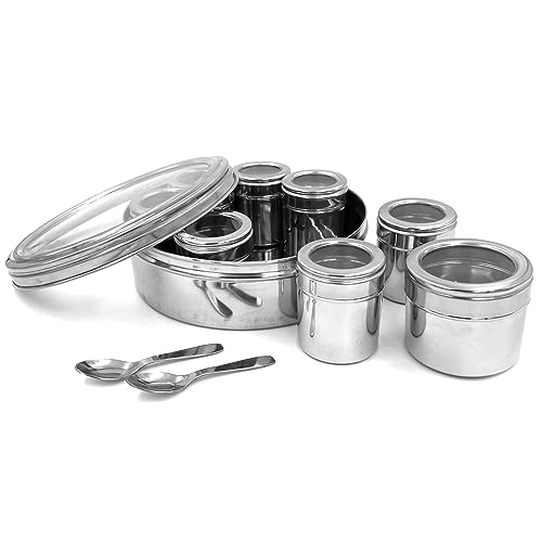 KSJONE Gewürzbehälter Masala Dabba mit 8 Fächern, Masala Box, Gewürzbehälter Box, Edelstahl Gewürzbox Indian Masala Dabba mit transparentem Deckel und 2 Löffeln von KSJONE