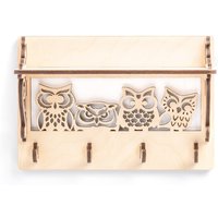 Schlüsselbrett Holz Mit Ablage, 4 Schlüsselhaken, Eulen von KSLaserart