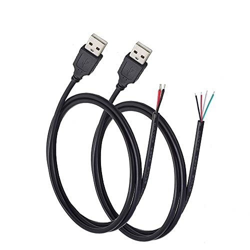 KSOPUERT 2 Stück USB A Stecker auf blanken Draht-Kabel, offenes Ende, 200 cm, 5 V, 2,1 A, 2 und 4 Kerne, Strom- und Datenübertragung, Pigtail-Reparaturdose am Heckkabel, Kabel, DIY schwarz von KSOPUERT