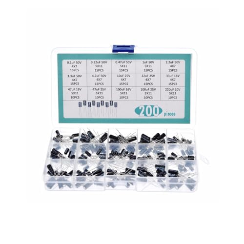 KSOPUERT 200 Stück 15 Werte 0,1 uF 0,22 uF-220 uF Metall Elektrolytkondensatoren,Sortiertes Sortimentskasten Set für LED-Leuchten,Audio,Klimaanlage KSOPUERT 200 Stück 15 Werte 0,1 uF 0,22 uF-220 uF Metall Elektrolytkondensatoren,Sortiertes Sortimentskasten Set für LED-Leuchten,Audio,Klimaanlage von KSOPUERT