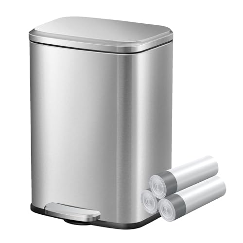 KSSKSS Kleiner Mülleimer Bad, 6 Liter Kosmetikeimer, Abfalleimer mit Deckel und Pedal, Tretmülleimer mit Absenkautomatik (Soft Close), Edelstahl, Badmülleimer mit Inneneimer, Rechteckig, Silber von KSSKSS