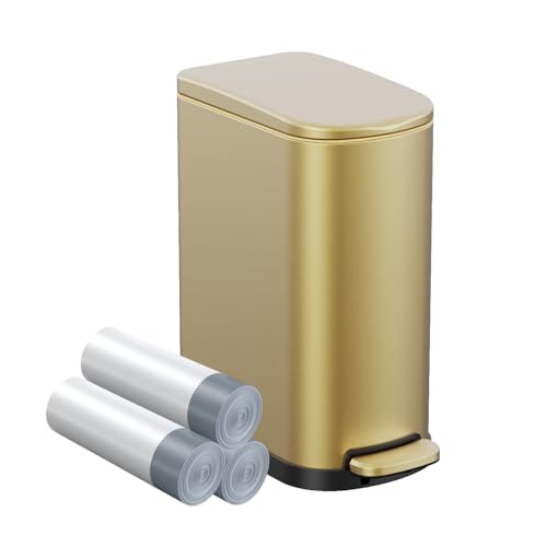 KSSKSS Schlanker Badezimmer-Mülleimer mit sanft schließendem Fußpedal, 10 l Edelstahl-Mülleimer mit herausnehmbarem Inneneimer, für enge Räume, Schlafzimmer, goldfarben von KSSKSS