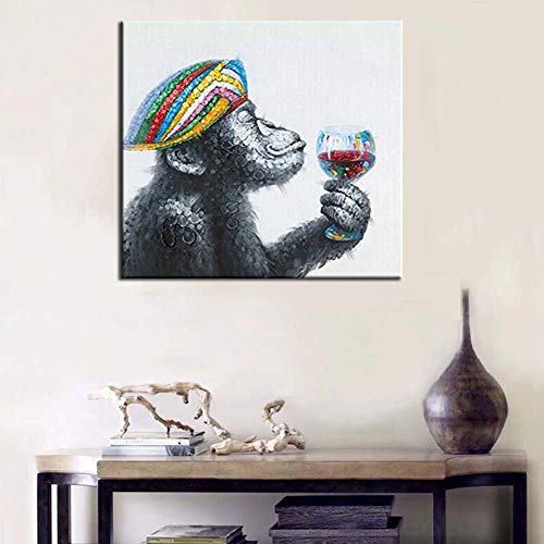 Handgemalte Acrylmalerei Ölgemälde Tiere Leinwand Gorilla Trinken Banksy Bild Familie Murale Décoration Kunst Peinture,WithFrame,70x70cm von KSTORE