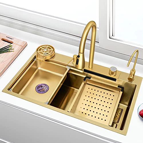 KSYGINXD 75 x 44 cm goldene Nano-Küchenspüle, Wasserfallspüle, Einzelbecken, Edelstahl-Arbeitsplatzspüle mit multifunktionalem ausziehbarem Wasserhahn und Zubehör von KSYGINXD