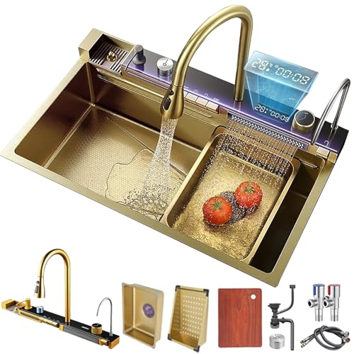 Smart-Küchenspüle Mit Wasserfall-Design, Moderne Küchenspüle Für Den Arbeitsplatz, Einzelbecken Aus Edelstahl Mit Ausziehbarem Wasserhahn(Gold,80x45x22cm) von KSYGINXD