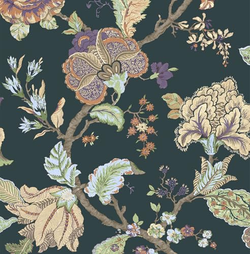 Selbstklebende Tapete “Kianna Jacobean” – Vinyl 52×548 cm – ablösbar & wasserfest – klassisches Blumen‑Tapestry‑Design für Wand, Möbel & DIY – Made in USA (Dunkelgrün-Mehrfarbig) von KT·EXCLUSIVE WALL FASHION