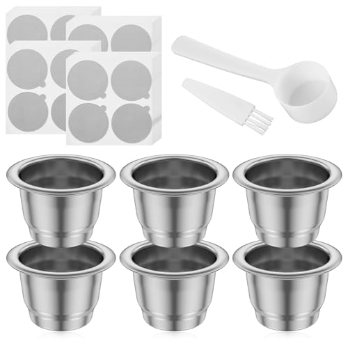 6 Stück Wiederverwendbare Kaffeekapseln Set Edelstahl 37 x 24 mm Einfache Bedienun mit Bürste Nachfüllbare French Press Ersatzfiltersieb mit Löffel Espresso Kapseln für Nes.presso Essen.za Iniss.ia von KTCINA