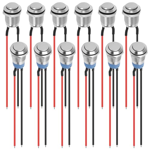 12 Stück Druckschalter Wasserdichte 12mm Verriegelung Druckschalter Momentary Push Button Switch Metall wasserdichte Taste Robust Hervorstehend Druckschalter mit Draht Mini Round Pushbutton Switches von KTCINA