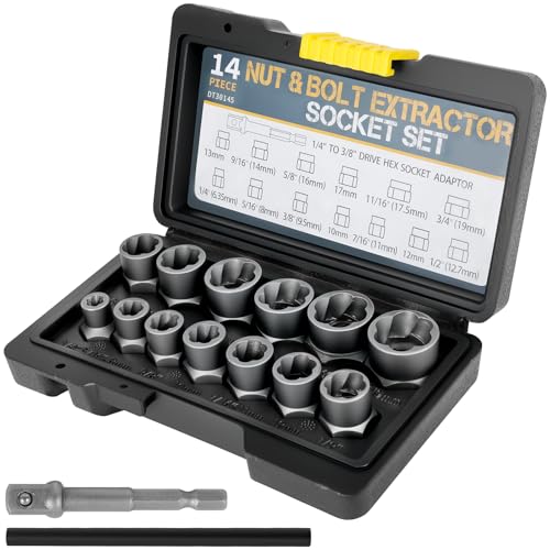 14-teiliges Schraubenausdreher Satz Muttern Entferner Set, 3/8" Linksausdreher 6,35-19 mm, hochfester Stahl Radmutterentferner mit 1/4"-3/8" Adapter, Impact Screw & Nut Remover für Auto Maschinen von KTCINA