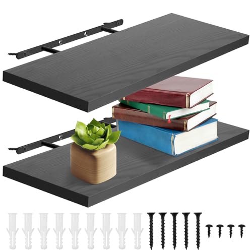 2er Set Schwimmende Wandregale 40cm Weiß 23.5cm Tiefe MDF Wandboard Bücherregal Schweberegal,Bücherregal Schweberegal Holz Board Wanddeko & Aufbewahrung für Küche Bad Wohnzimmer (Schwarz) von KTCINA