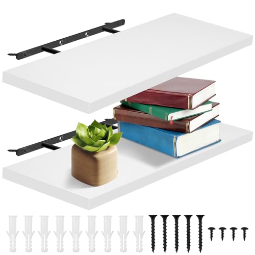 2er Set Schwimmende Wandregale 40cm Weiß 23.5cm Tiefe MDF Wandboard Bücherregal Schweberegal,Bücherregal Schweberegal Holz Board Wanddeko & Aufbewahrung für Küche Bad Wohnzimmer (Weiß) von KTCINA