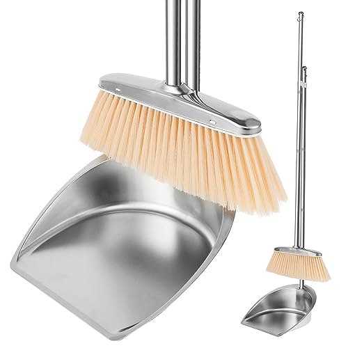 KTCINA Besen und Kehrschaufel Set mit Langem Stiel 118 cm Besen Set mit Kehrschaufel Metall Dauerhaft Besen Kehrschaufel Stehend für Drinnen Draußen Wohnzimmer Küche Garten (runder Kehrschaufelkopf) von KTCINA