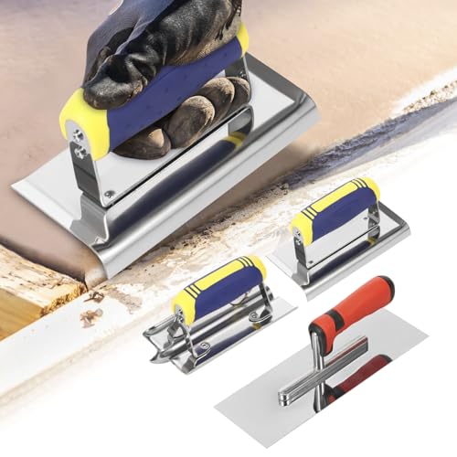 Beton Stahlkantenkelle 28 x 10 x 9,5 cm Ergonomisch Glättekelle und Fugenfräser Set Ultra Rutschfest Leicht Venizianer Kelle Edelstahl Glättekelle Rostfreie Putzkelle für Finish Spachtel (3Pcs) von KTCINA