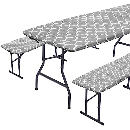 Elastische Abdeckung Bierzeltgarnitur 90x195cm Tischdecke Abwaschbar Schutzhülle PVC Bierbank Wachstuchtischdecke Spanntischdecke Gartentischdecke Tischdecke Bierzeltgarnitur (Asche) von KTCINA