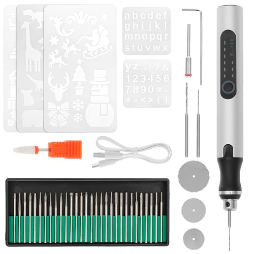 Elektrischer Gravierstift 5000–18000 U/min mit 30 Bits Intelligent Geschwindigkeitsregler Ultraleiser Elektro-Mini-Bohrstift Gravur Werkzeug Kit Handbohrer Elektrisch für Schmuck Hlz Glas (Sliver) von KTCINA