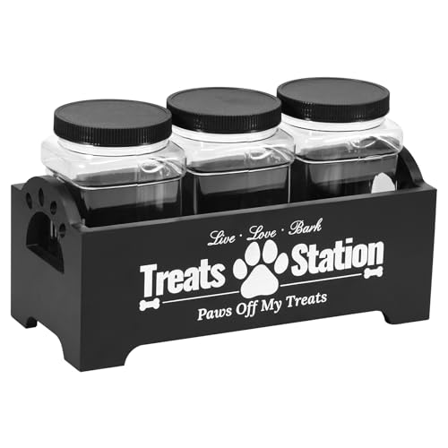 Großer Hundefutter Behälter 29 * 13 * 13 cm mit 3 Vorratsglas Niedliche Hundefutter Box Multifunktion Futterbehälter Hund Tierfutterbehälter Speicherbehälter für Hund Katze Snacks Kekse (Schwarz) von KTCINA
