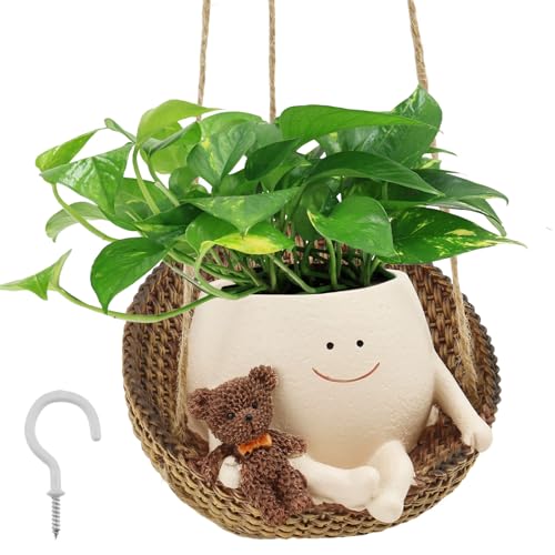 Hängende Blumentopf mit Smiley-Gesicht mit Süßer Bär Verdicktem Hanfseil Ultra Schön Starker Tragfähigkeit lumentöpfe mit Schaukel Gesicht Blumentopf Hangend Blumenampel Hängend für Home Gartendeko von KTCINA