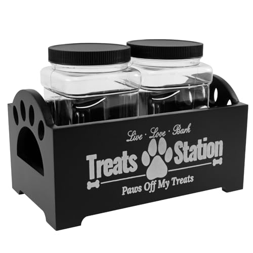 Hundefutter Behälter 2 Vorratsflaschen Leckerlidose für Hunde Holz PP Trockenfutter Aufbewahrung mit 1 Lagerregal Hundeleckerli Box Stark Aufbewahrungsbehälter Vorratsbehälter für Hunde (Schwarz) von KTCINA