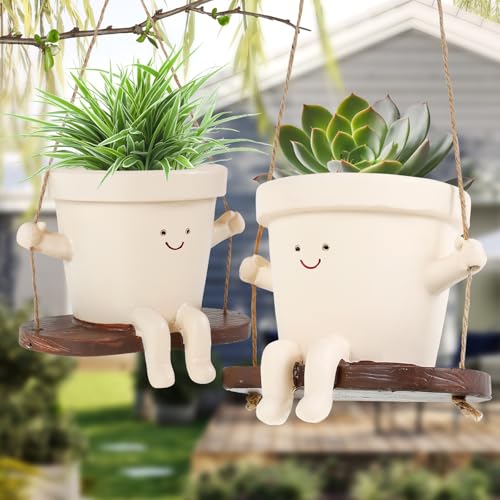 KTCINA 2 Pcs Hängende Blumentopf mit Smiley-Gesicht Verdicktem Hanfseil Ultra Schön Starker Tragfähigkeit lumentöpfe mit Schaukel Gesicht Blumentopf Hangend Blumenampel Hängend für Gartendeko von KTCINA