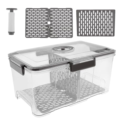 KTCINA 7.5L Frischhaltedosen Vakuumiert Brotbox Timing mit Abflusstrennwand Handpumpe Frischhaltebox Gesund Sicher PET PP Silikon Brotaufbewahrung Großer Transparenter Kühlschrank-Organizer (Grau) von KTCINA