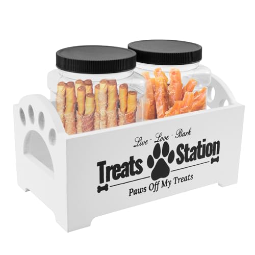 KTCINA Hundefutter Behälter 2 Vorratsflaschen Leckerlidose für Hunde Holz PP Trockenfutter Aufbewahrung mit 1 Lagerregal Hundeleckerli Box Stark Aufbewahrungsbehälter Vorratsbehälter für Hunde (Weiß) von KTCINA