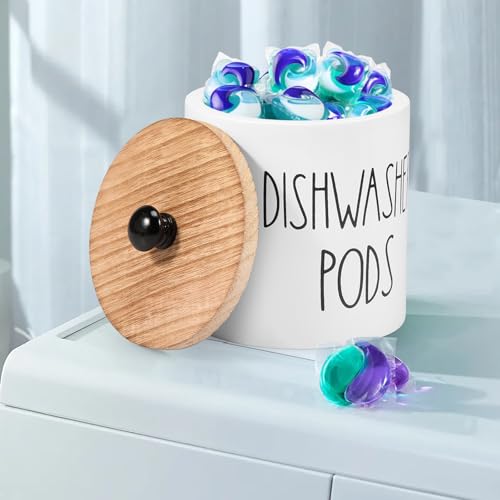 KTCINA Waschmittel Pod Aufbewahrung mit Deckel 12 * 12 * 13 cm Waschpulver Aufbewahrungsbox Holz Badezimmer Organizer Waschmittel Waschmittelbehälter für Waschpods Badebomben Wäscheparfüm (Weiß) von KTCINA