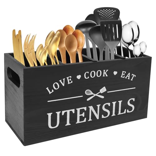Utensilienhalter für Küchentheke 30 x 15 x 11.5 cm 4 Fächern 3 herausnehmbare Trennwände Ultra Robust Langlebig Küchenutensilienhalter holz mit Drainageboden Küchenutensilien-Organizer (Schwarz) von KTCINA