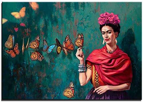 Bedroom Picture Poster Decor, Frida Kahlo with Butterfly Oil Painting, HD Reprint on Canvas Artwork, Modern Spanish Painter Portrait Picture Wall Art Home Decor, Feminismus, Frameless,60x90cm von KTGEDH