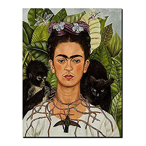 Frida Kahlo Selbstporträt mit Affen und schwarzer Katze Poster Ölgemälde Leinwanddruck Wandkunst Bild Home Schlafzimmer Wohnzimmer Dekor, rahmenlos,50x70cm von KTGEDH