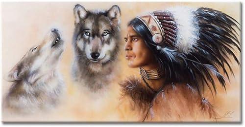 Indische Malerei, gedruckte Kunst, Indianer-Indianer, Mann, Frau in Adlerfeder mit Wolf, Wandkunst, Leinwand, Moderne Vintage, historische Poster, Drucke, mystische Bilder, Kunstwerk, Mann,30x60cm von KTGEDH