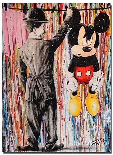 Leinwand Banksy Graffiti-Malerei Moderner bunter Charlie Chaplin mit ikonischen Superman- und Mickey-Maus-Bildern Street Graffiti Art Poster HD Print Wand Wohnkultur, Rahmenlos,Grau,A,50x70cm von KTGEDH